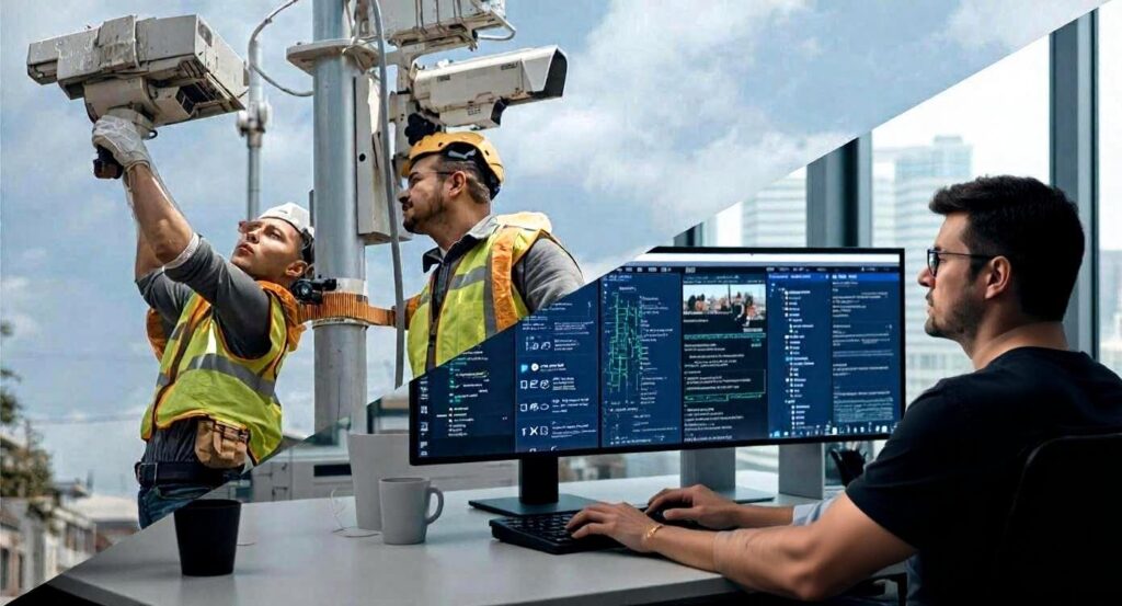employees working on site to repair CCTV versus an employee managing everything through a web interface